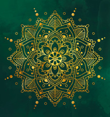 gold pattern ornament on green watercolor background