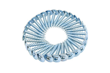 Circle of galvanized screws with a cross head is isolated on a white background