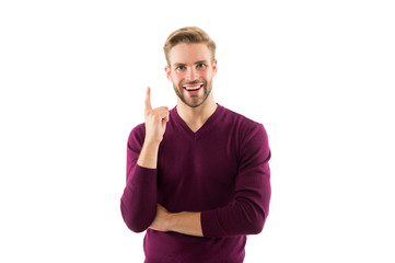 The man is wearing a purple jumper. happy and inspired man. idea what to wear. your own stylist....