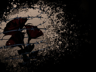 Black rose on a white background circle of barbed wire. 3d rendering.