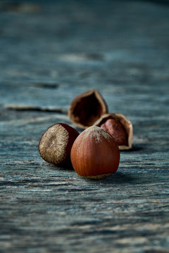 Brown ripe hazelnut on table