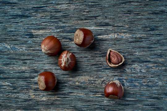 Brown ripe hazelnut on table