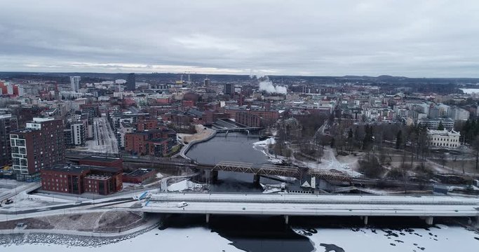 The city of Tampere located between two lakes, Nasijarvi and Pyhajarvi. Aerial view.