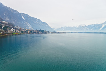 Obraz premium Panoramic View to Montreux and Lake Geneva in winter