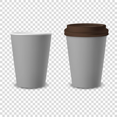 Vector 3d Realistic Gray Disposable Opened and Closed with Brown Lid Paper, Plastic Coffee Cup for Drinks Icon Set Closeup Isolated on Transparent Background. Design Template, Mockup. Front View