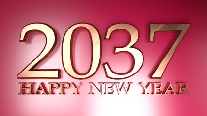 2037 Happy New Year copper write on red background - 3D rendering illustration