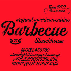 Hand drawn  calligraphy display typeface for cafes, bars, restaurants where meat is eaten. Brazier, blood, grill, open fire inspired typeface. Textured unique script style alphabet. Letters and number