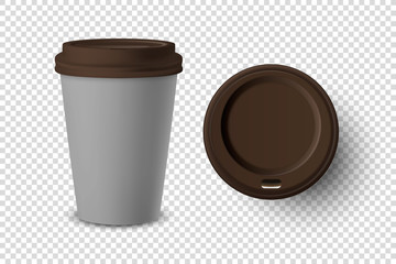 Vector 3d Realistic Gray Disposable Closed and Opened Paper, Plastic Coffee Cup for Drinks with Brown Lid Set Closeup Isolated on Transparent Background. Design Template, Mockup. Top and Front View