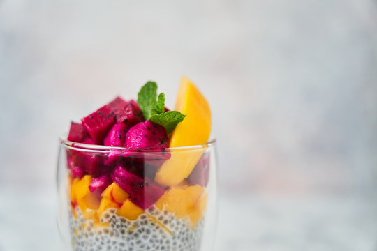 Delicious fruit dessert in glass