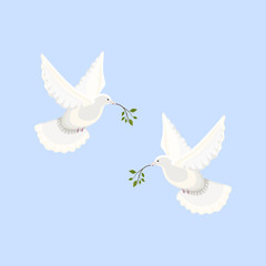 Two beautiful shiny white doves flying in a blue sky holding a tree branch. Vector hand drawn illustration.