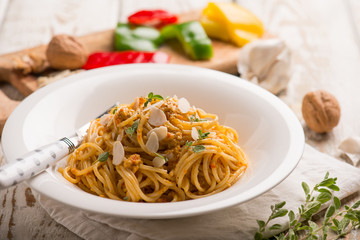spaghetti with capsicum pest with nuts and almond
