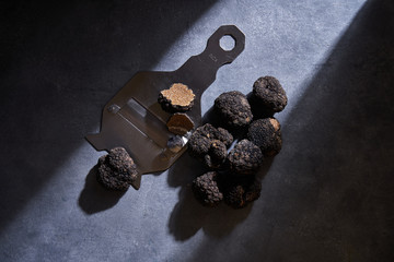 From above bunch of expensive black truffles placed near metal shaver on gray plaster surface
