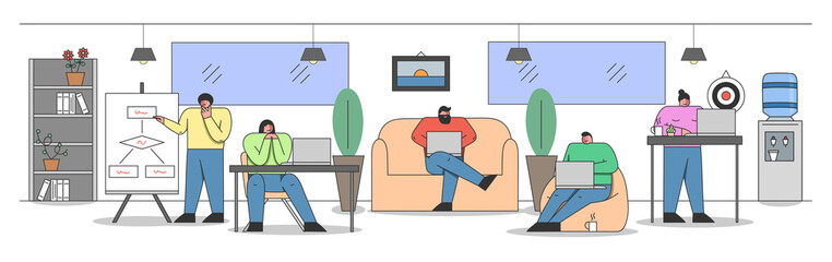Creative Office Concept. Business People Work In The Office Making Presentation On Whiteboard, Doing Office Job Working On Laptops, Settig Goals. Cartoon Linear Outline Flat Vector Illustration