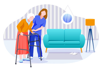 Home care services for seniors. Nurse or volunteer worker taking care of elderly woman. Vector characters illustration