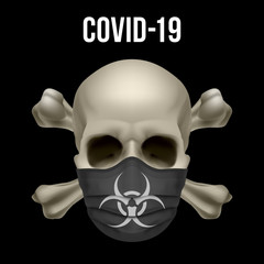 Illustration of Human Skull with Crossbones in Black Mask Isolated on Black Background. Biohazard. Coronavirus Alert. Design element for Card, Banner, Flyer or Emblem