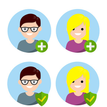 Set of avatars young student. Boy and girl. Icon green medical cross and shield protection. Man and woman. Health and hospital. Cartoon flat illustration. Social network. Cute character