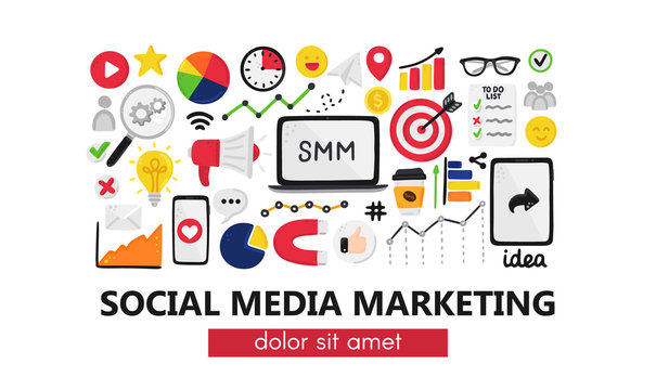 Vector background with smm elements. Social Media Marketing. Reach and promotion among target audience. Landing page, banner, mailing, presentation, header. Advertising for marketers, digital agency
