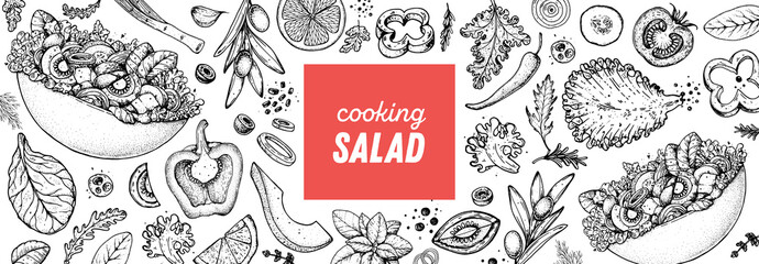 Healthy food illustration. Hand drawn sketch. Cooking salad. Vegan food. Vitamins and minerals for immunity. Engraved style. Black and white.