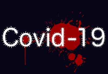Coronavirus disease COVID-19 infection medical. Font font in the form of a germ on a dark blue bloody background.