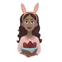 tanned girl with colored eggs bunny ears and easter basket 