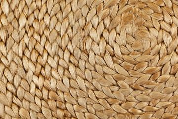 Close-up of woven jute napkin. Background for interior printing. Zero waste, eco-friendly, no plastic, plastic free, environmental conservation, sustainable lifestyle concept. Copy space. Horizontal