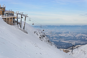 Chair lifts on the top of Kasprowy Wierch in Zakopane in winter