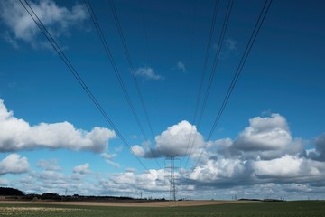 Fototapeta na wymiar Field with electric poles and a beautiful blue sky with clouds highlighted by the sun