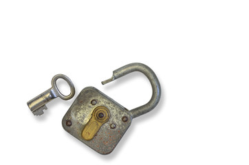 Rusty old Padlock with Key, close up, isolated on white Background