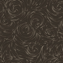 Vector seamless brown texture in a linear style of spirals and flowing lines with torn edges in beige. The pattern for fabrics or wrapping paper is thin lines of coffee color on a dark substrate.