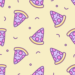 Vector seamless pattern with cute kawaii slice of pizza pepperoni with faces in 80s, 90s style on yellow background. Cartoon doodle illustration. Pastel child print on fabric, wrapping paper, textile