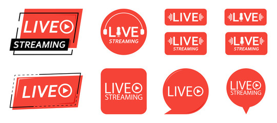 Set of live streaming icons. Red symbols and buttons of live streaming, broadcasting, online stream. third template for tv, shows, movies and live performances. Vector illustration.