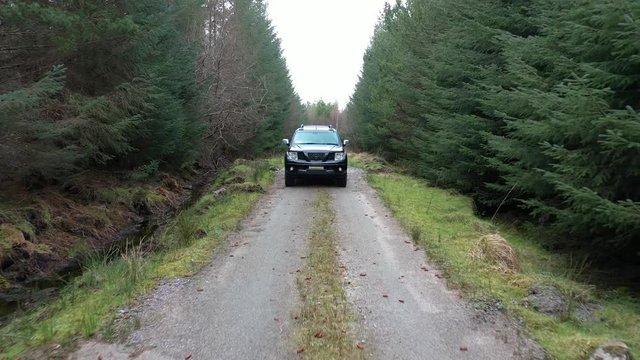 4x4 pickup vehicles driving through forest - all brands removed