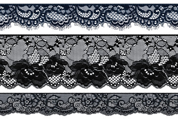 Set of black and dark blue delicate tape lace on a white background. Vintage style.Material for stylish graphic decoration. - obrazy, fototapety, plakaty