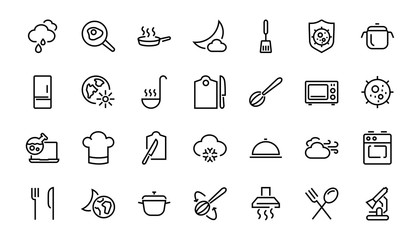 Fototapeta premium Set of cooking and kitchen icons, Vector lines, contains icons such as frying pan, frying, microwave, fork with spoon, Editable stroke, perfect 480x480 pixels, white background.
