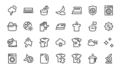Fototapeta premium Simple set of washing related vector line Icons. Contains icons such as washing machine, powder, laundry, dirty t-shirt and much more. On a white background, editable stroke. 48x48 pixels perfect