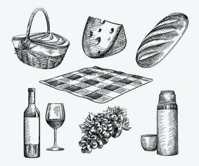Hand-drawn sketch of picnic set. The set includes basket, cheese, loaf bread, bottle and glass of wine, thermos and a mug, checkered blanket, grapes