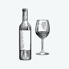 Hand-drawn sketch of a bottle of whine with a glass of wine on a white background. Bottle of red, white, pink wine. Wine glass. Bottle of wine for a picnic