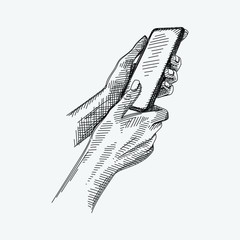 Hand-drawn sketch of female hands on a white background holding a smartphone and unlocking it. Unlocking the phone