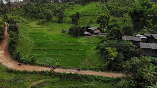 Cinematic drone shot of people driving motorbikes on a dirt road trough the jungle and rice fields