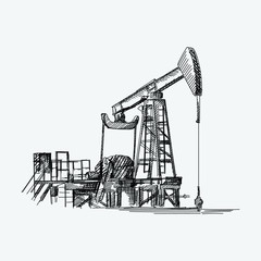 Hand-drawn sketch of oil pump for oil extracting. The main industry of Azerbaijan oil extracting. Oil and gas production - 332514338