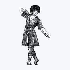 Hand-drawn sketch of national Azerbaijan dancer on a white background dancing lezginka in a national costume.