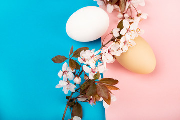 Easter eggs lie on a bright pink-blue background. Sakura flowers lie on the background and decorate the Easter composition. Spring Religious holiday Easter. Easter time.  