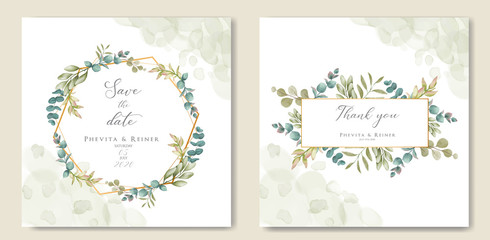Romantic wedding invitation with floral ornament and gold frame