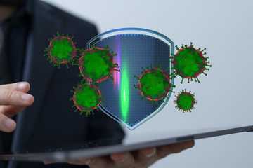 Hologram of coronavirus COVID-2019 on a protection futuristic background. Deadly type of virus...