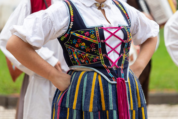 Close up of female dancer clothe of the traditional folklore of Madeira Island, 