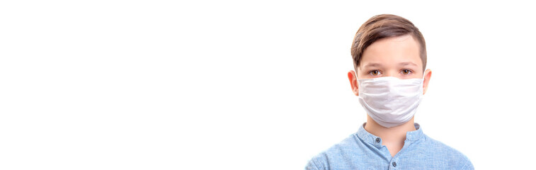 Handsome brunette boy in medicime mouth mask over white background banner