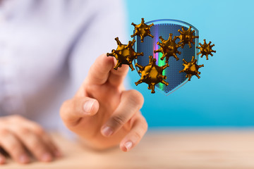 Hologram of coronavirus COVID-2019 on a protection futuristic background. Deadly type of virus...