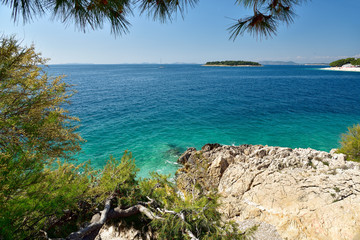 Landscape of blue Adriatic lagoon - view from the boardwalk in Promestein, Dalmatia, Croatia