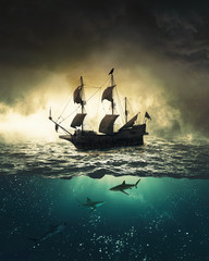 Sailing ship with sharks underwater