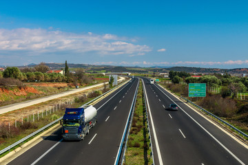 Route from Greece to Turkey. Greek Egnatia road with trucks and cars traffic. Greece, Evros, Alexandroupoli.